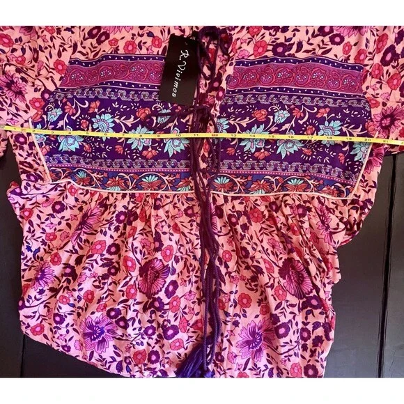 NWT R Vioimas Boho Puff Longsleeve Floral Print Maxi Dress Womens L Pink Purple - Picture 9 of 10
